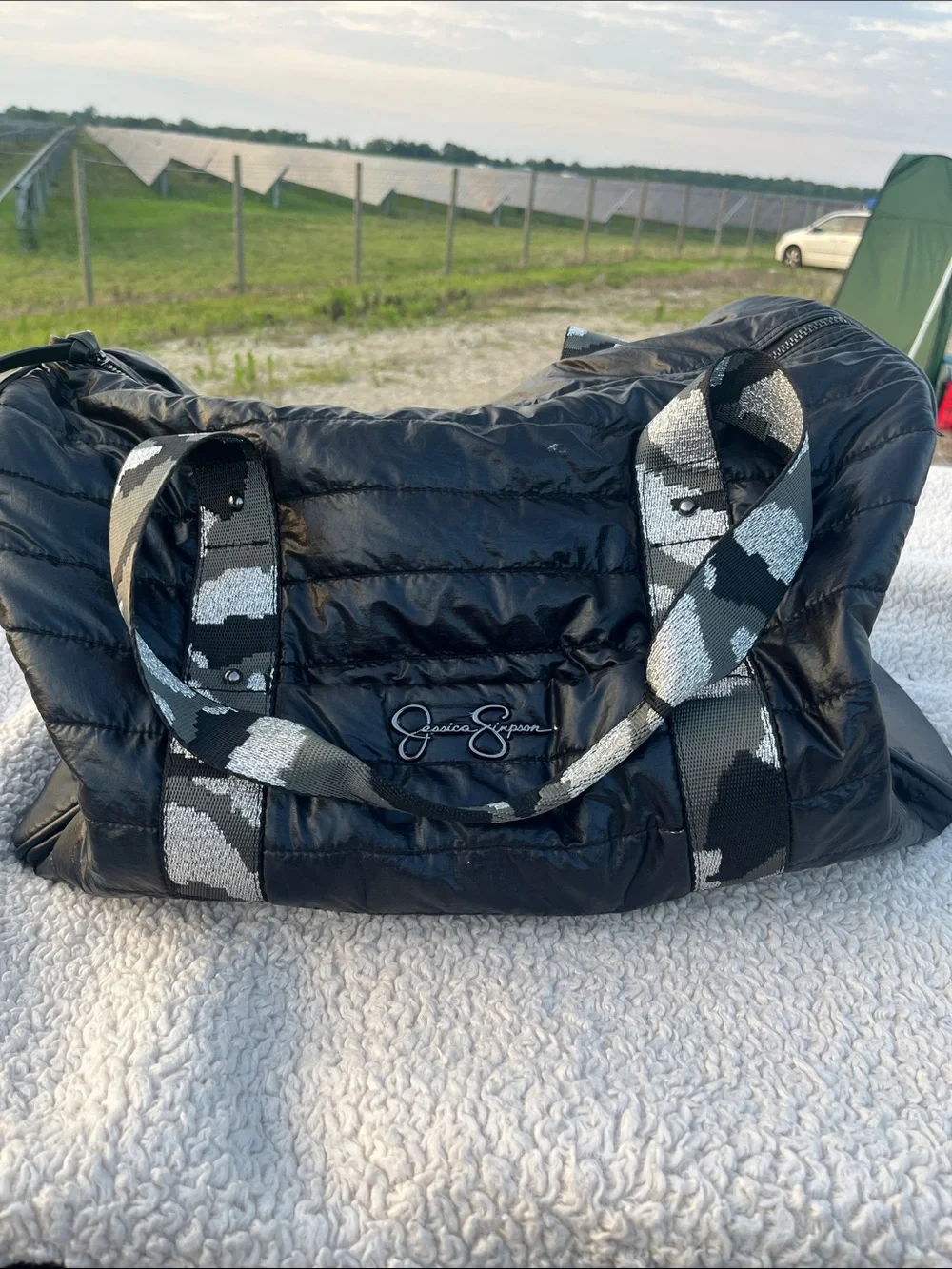 Jessica Simpson Black Quilted Duffel with Patterned Webbed Straps